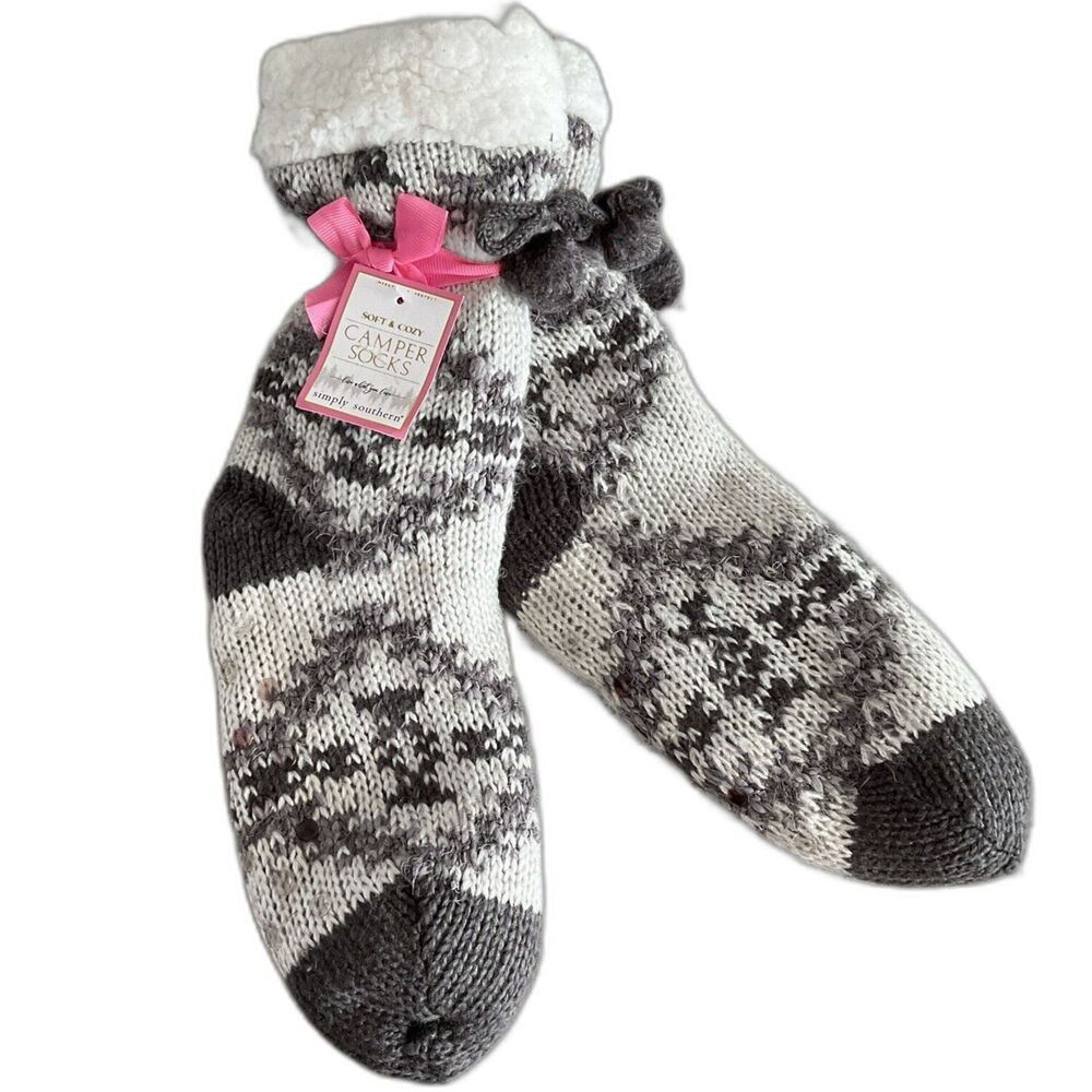 Simply Southern Camper Socks Aztec Gray Fleece Lined Pom Pom OSFM